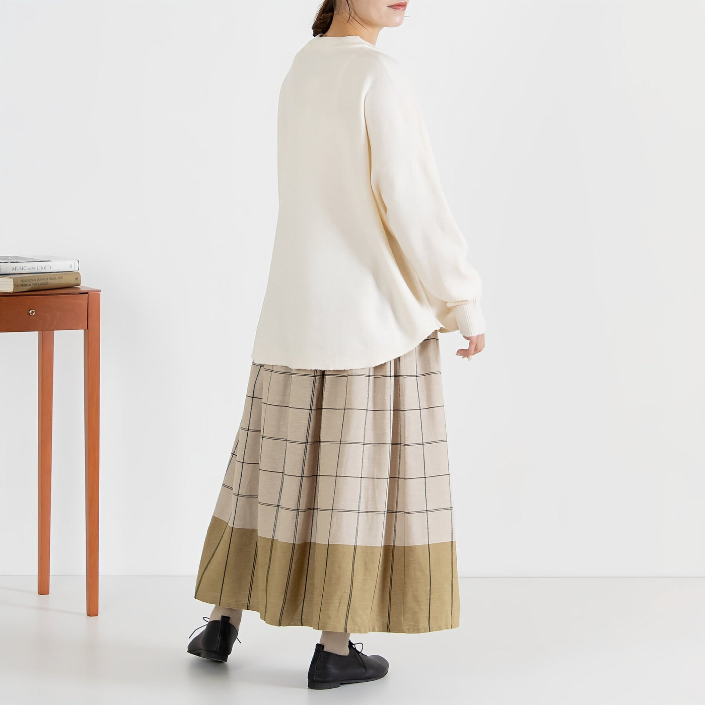 綿麻 コットンリネン 起毛 パネルチェックギャザーフレアスカート