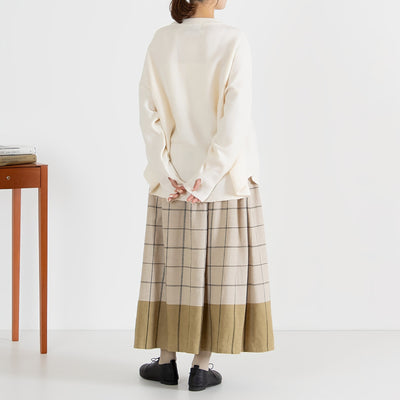 綿麻 コットンリネン 起毛 パネルチェックギャザーフレアスカート