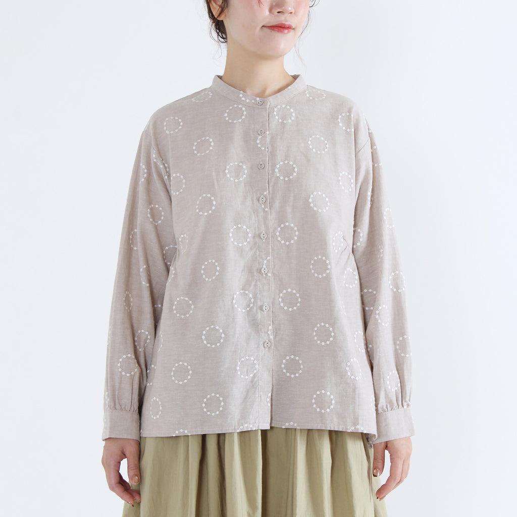 フラボア／日本製 異素材切り替え パッチワーク風ブラウス 長袖フリンジカラフル blue willow ブルーウィロウ 綿麻混 ギャザーフレアブラウス