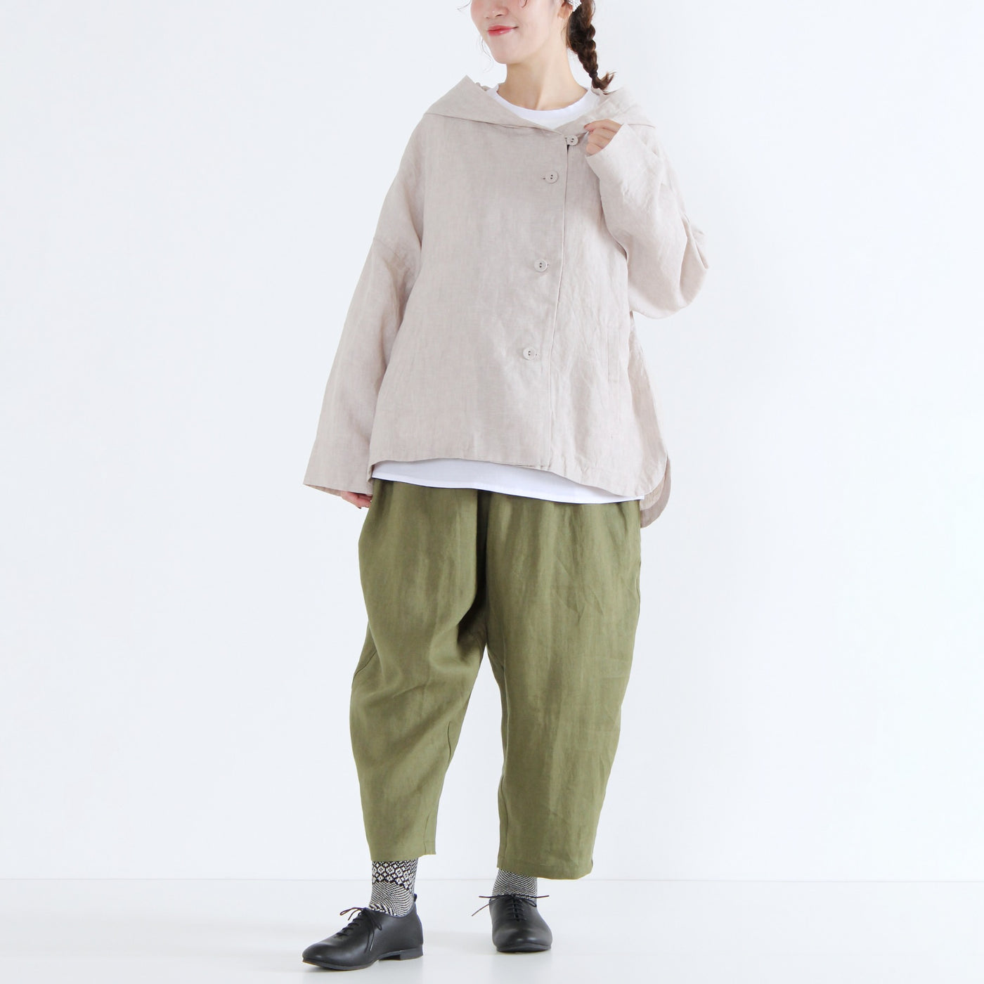 麻100% フード付きブルゾン リネン平織り生地使用