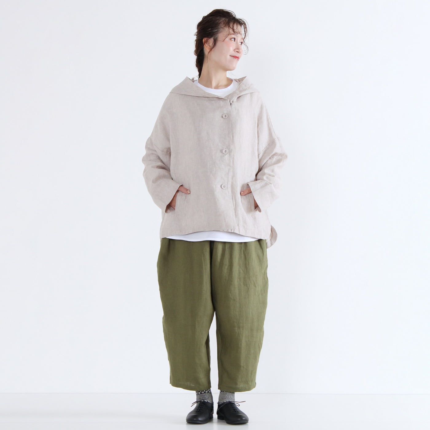 麻100% フード付きブルゾン リネン平織り生地使用