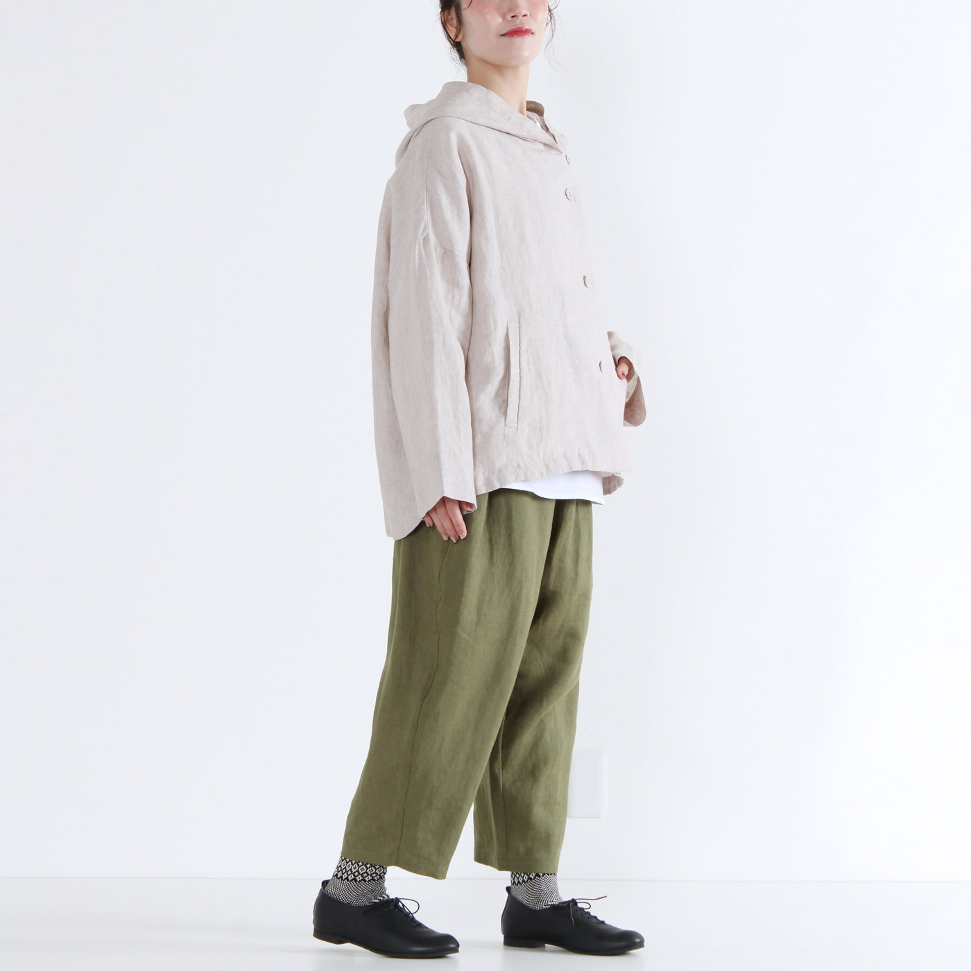 麻100% フード付きブルゾン リネン平織り生地使用