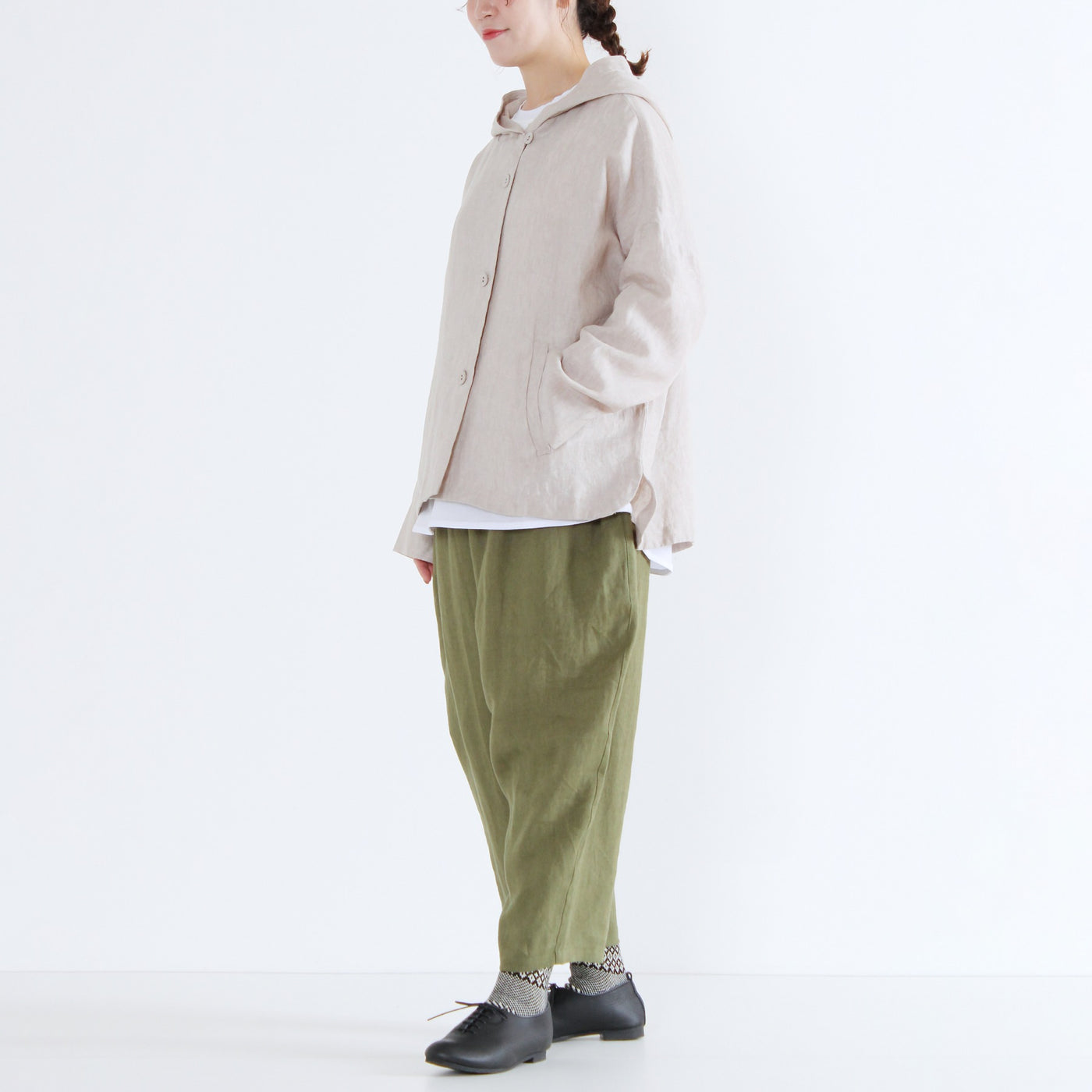 麻100% フード付きブルゾン リネン平織り生地使用