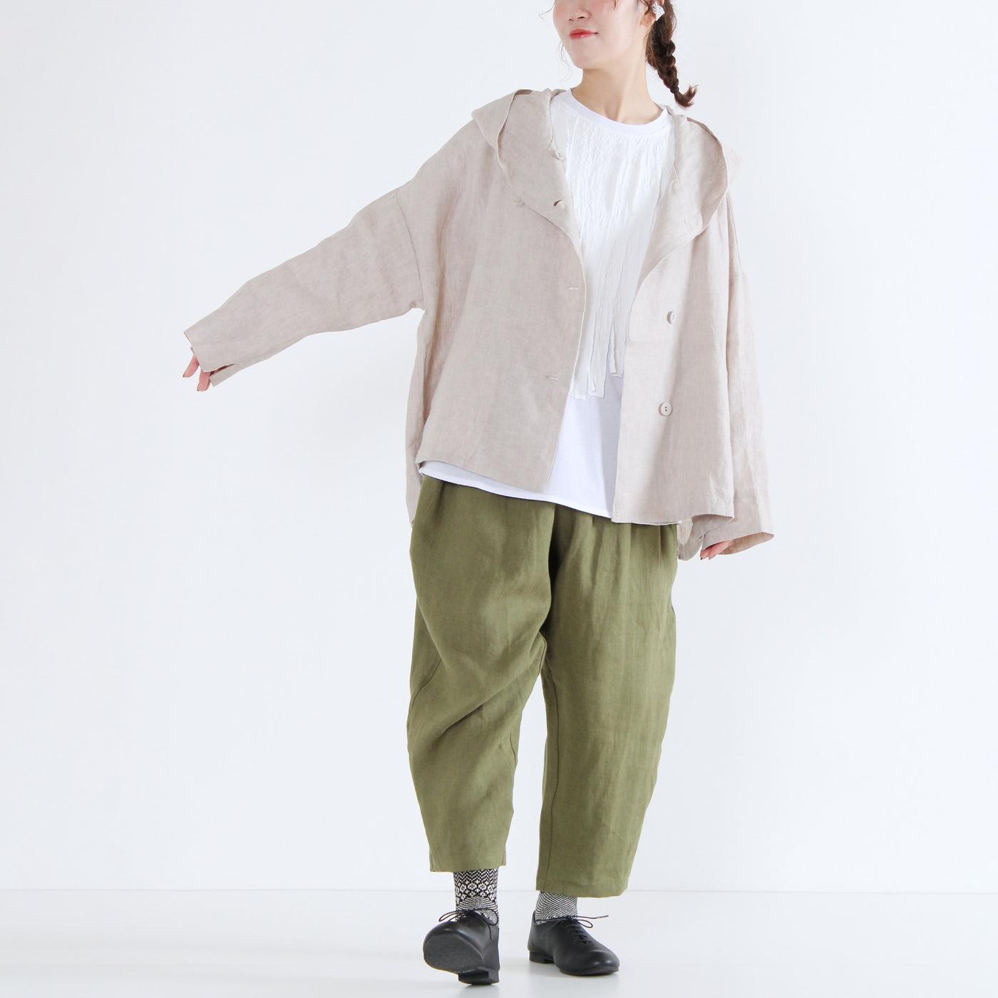 麻100% フード付きブルゾン リネン平織り生地使用