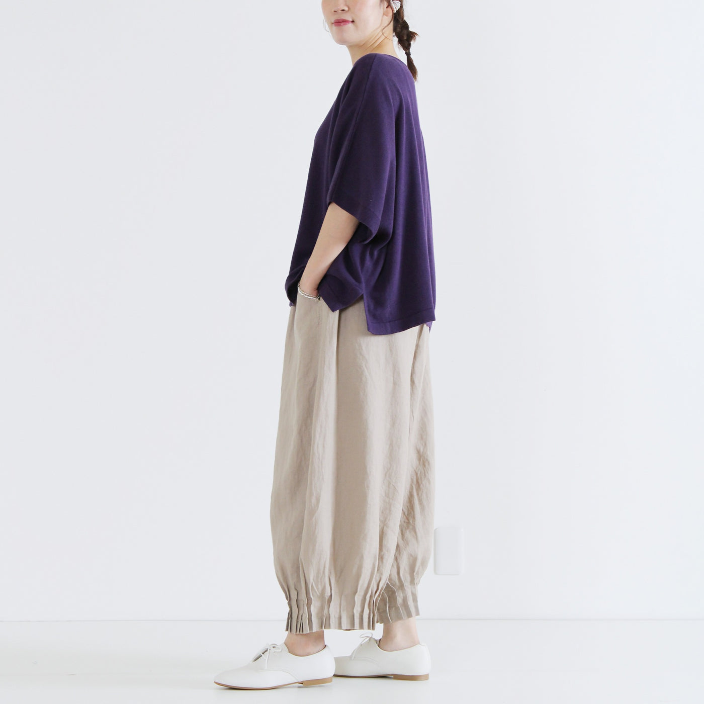 麻100% 裾ピンタックワイドパンツ 裏地付き 14番手リネン使用