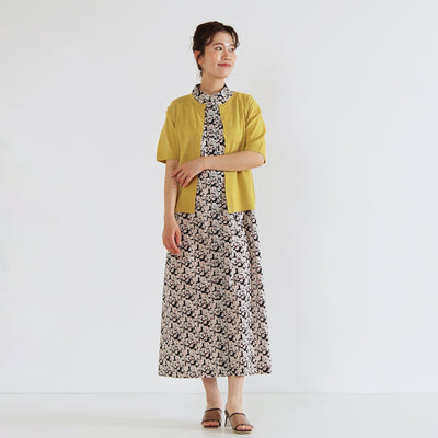 綿麻混 5分袖刺繍釦カーディンガン リネンコットン使用
