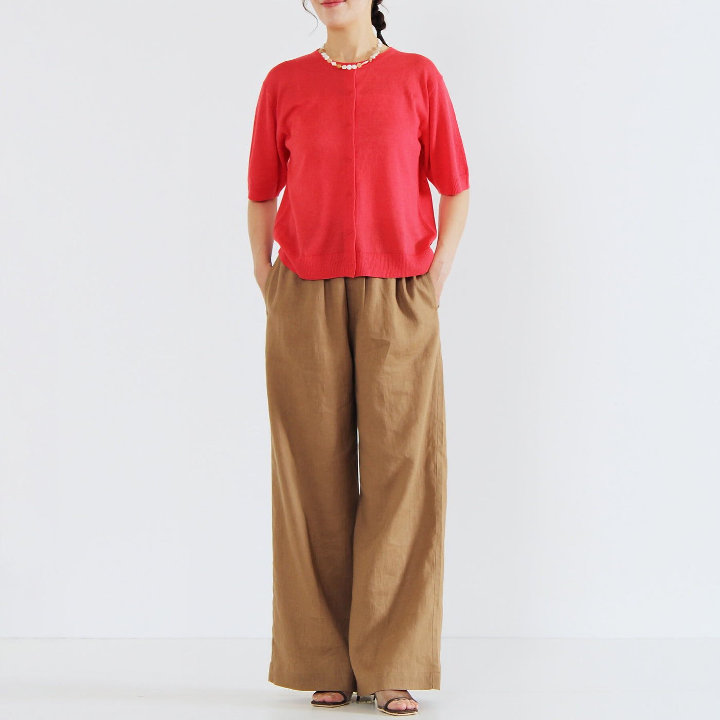綿麻混 5分袖刺繍釦カーディンガン リネンコットン使用