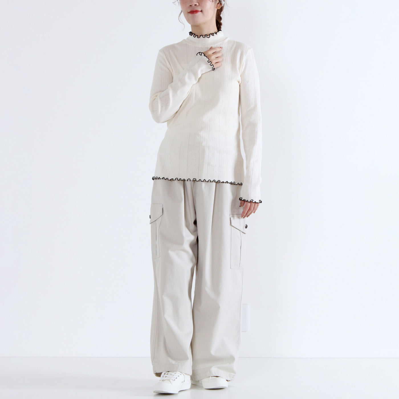 日本製 綿100% バイカラー ハイネックプルオーバー フライス生地使用