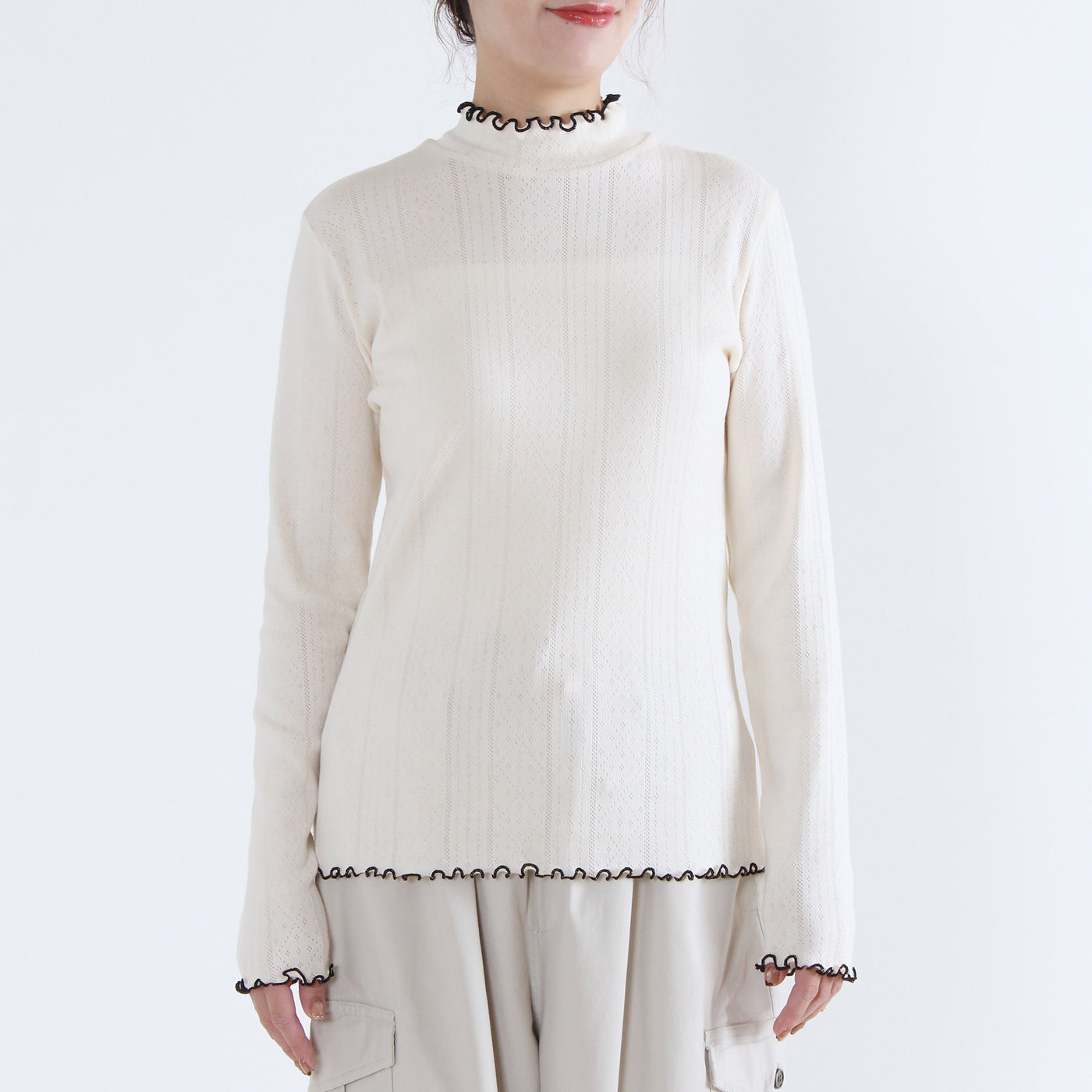 日本製 綿100% バイカラー ハイネックプルオーバー フライス生地使用