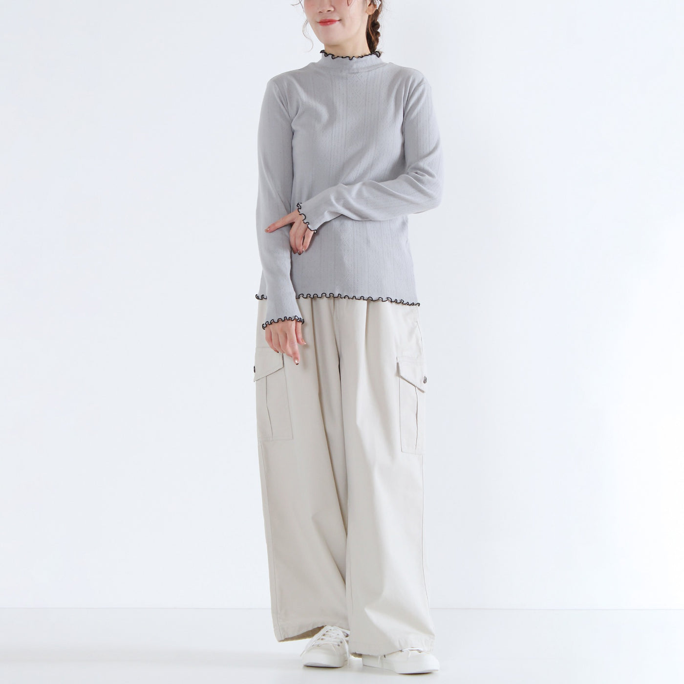 日本製 綿100% バイカラー ハイネックプルオーバー フライス生地使用