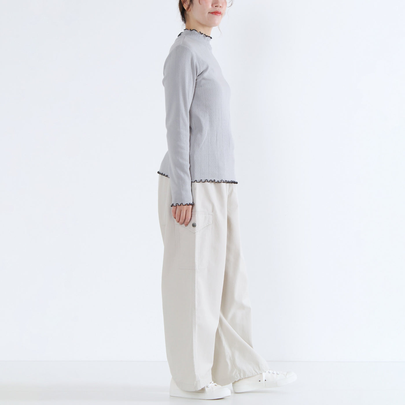 日本製 綿100% バイカラー ハイネックプルオーバー フライス生地使用