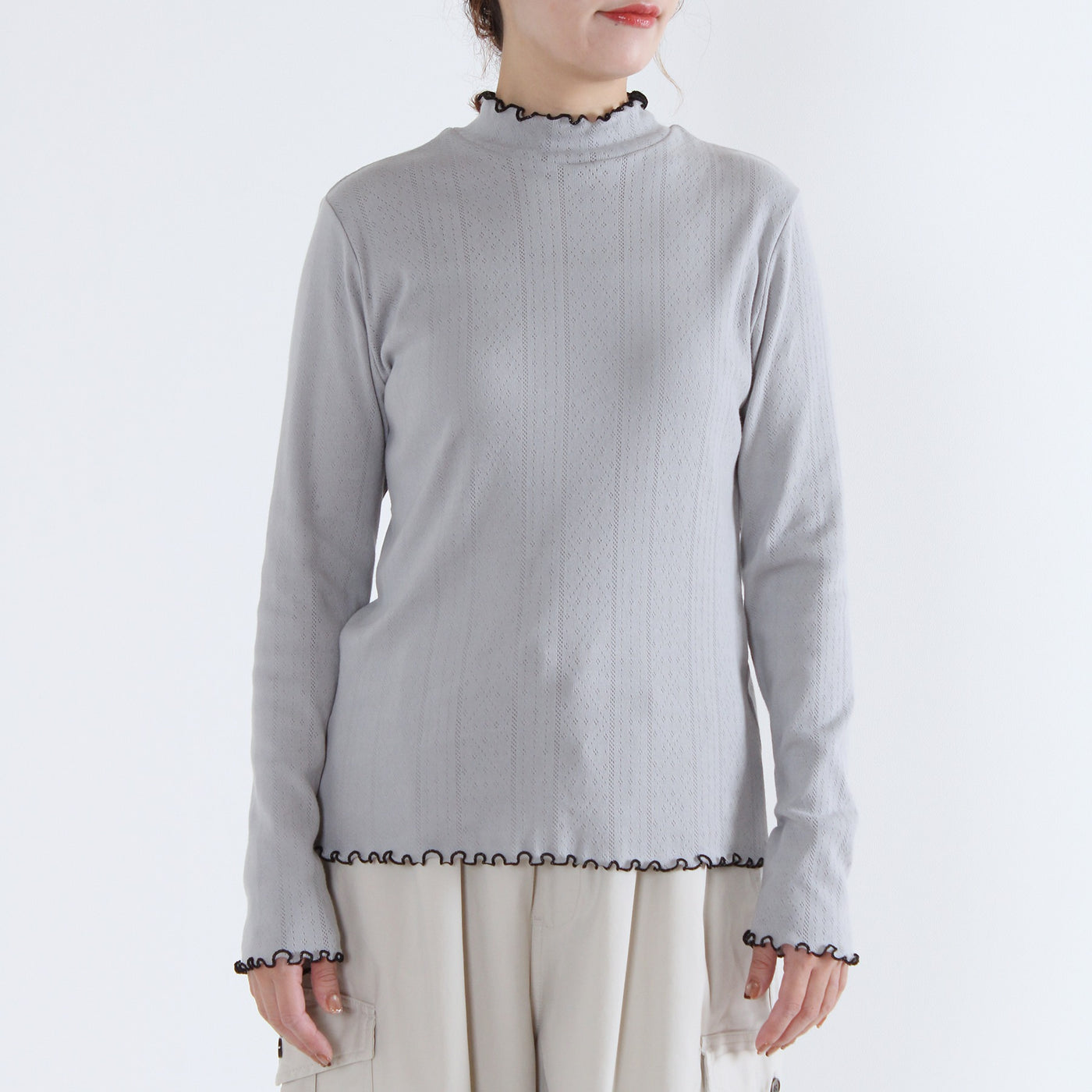 日本製 綿100% バイカラー ハイネックプルオーバー フライス生地使用