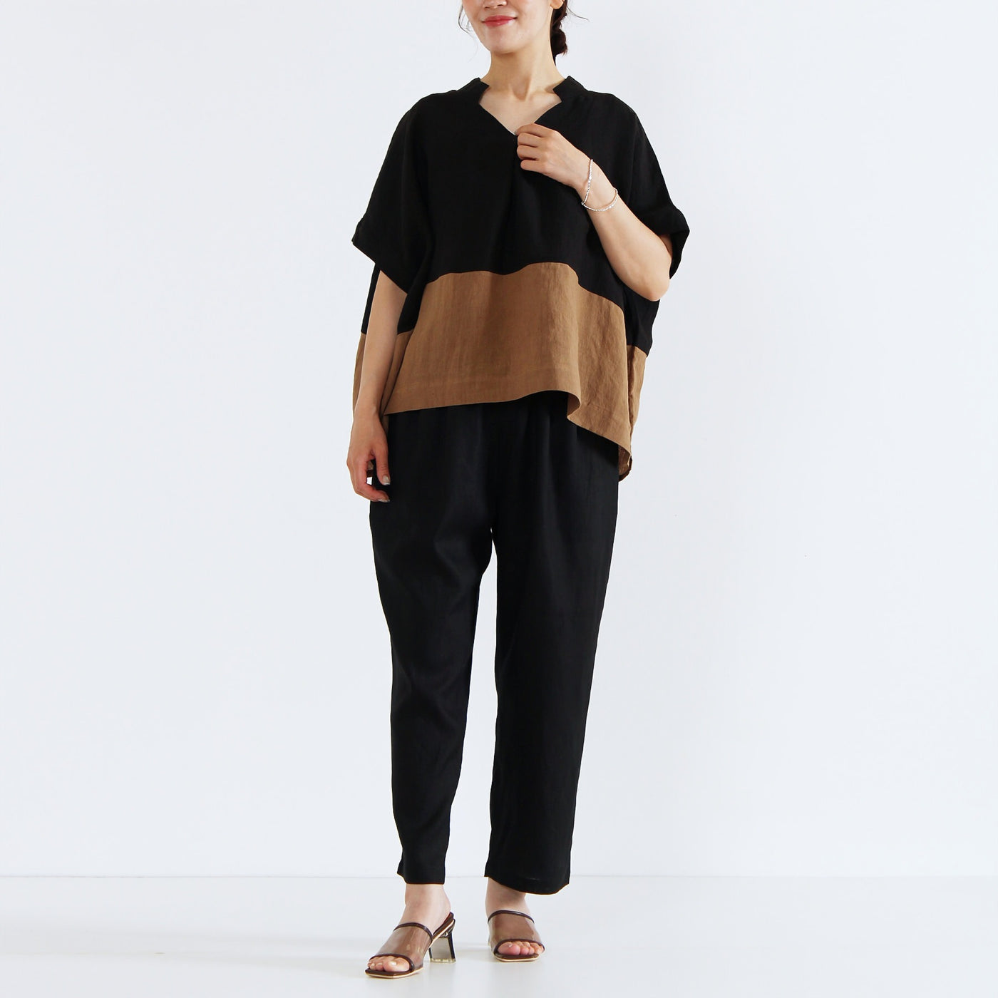 麻100% クロップドパンツ リネンキャンバス使用