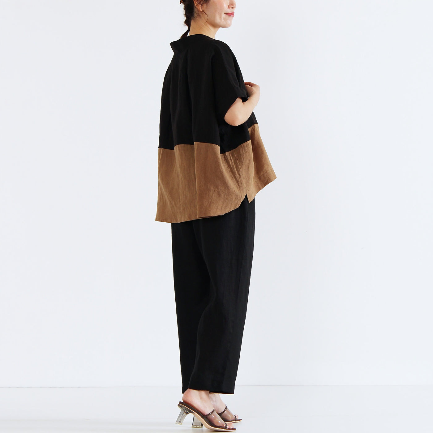 麻100% クロップドパンツ リネンキャンバス使用