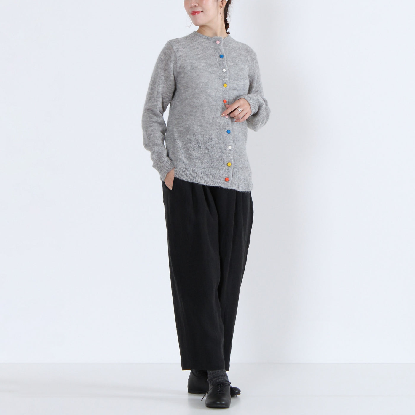 アルパカウール混 カラフル釦ニットカーディガン ペルー産ベビーアルパカニット使用