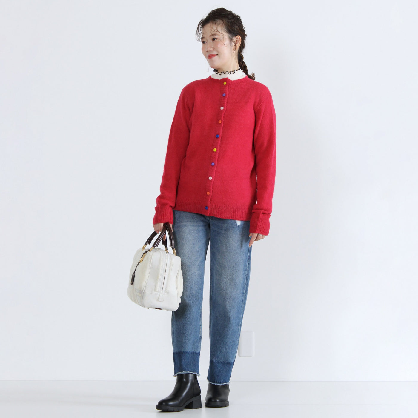 アルパカウール混 カラフル釦ニットカーディガン ペルー産ベビーアルパカニット使用