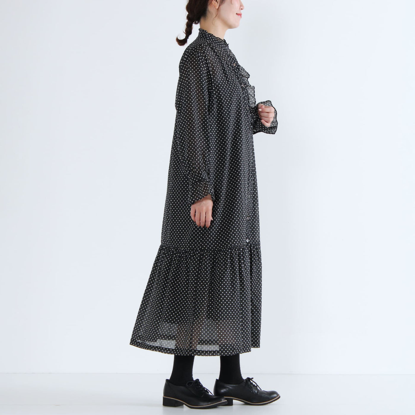 綿100% ペチコートワンピース付き アシメフリルワンピース ドットプリント生地使用