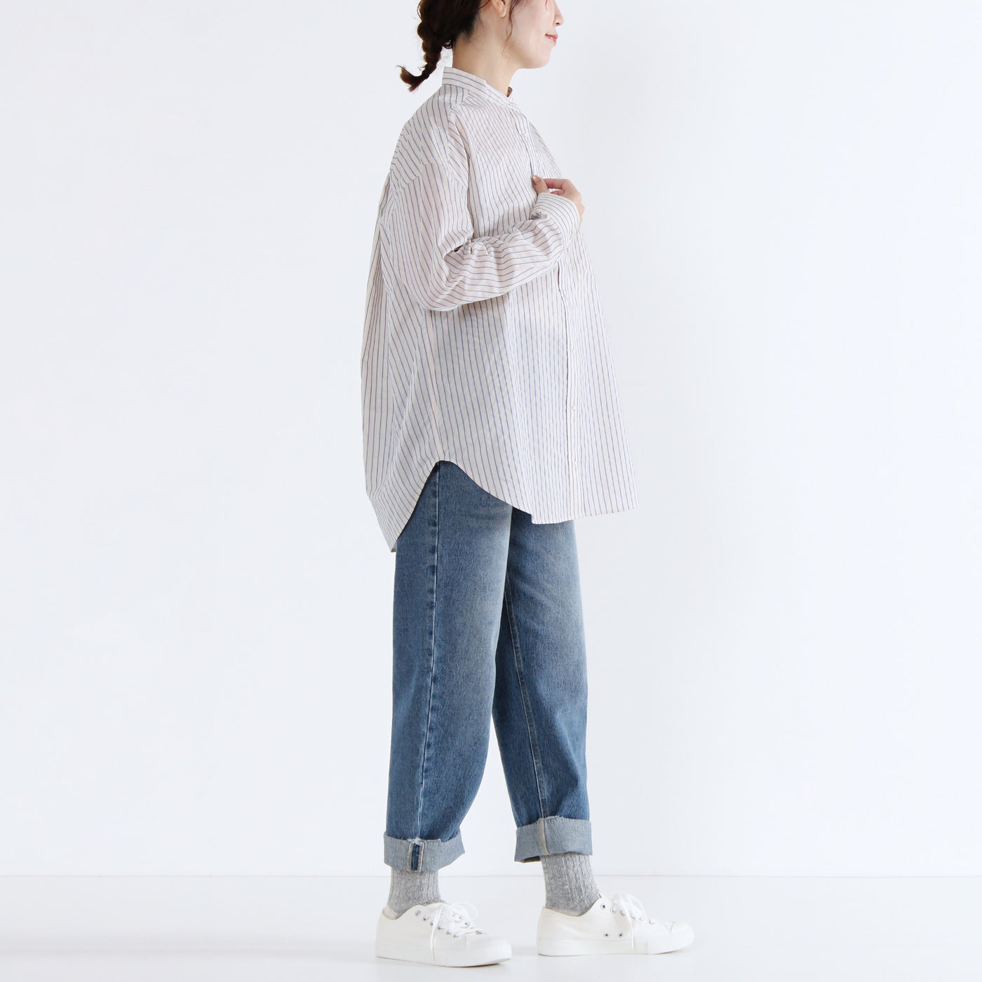 バンドカラー 刺繍釦シャツ 綿ナイロン使用