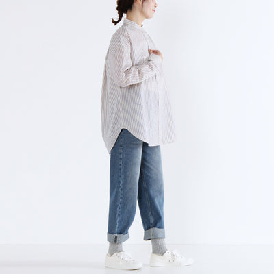 バンドカラー 刺繍釦シャツ 綿ナイロン使用
