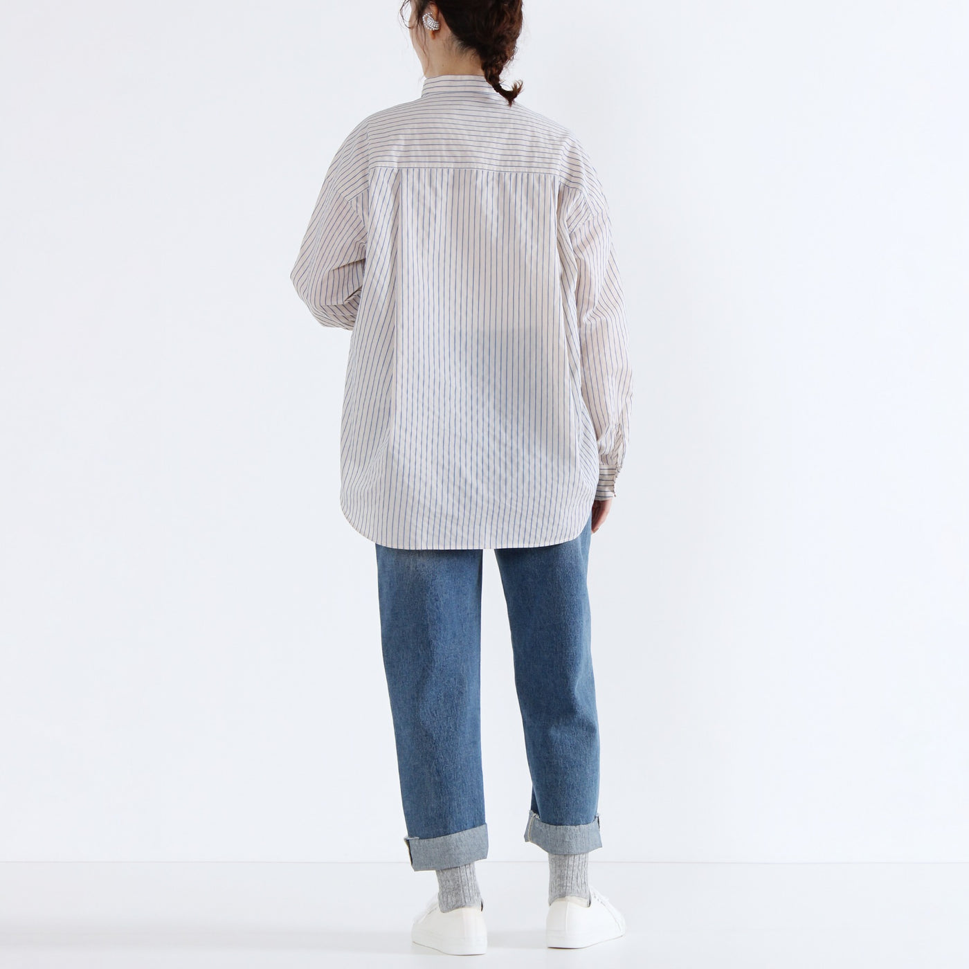 バンドカラー 刺繍釦シャツ 綿ナイロン使用