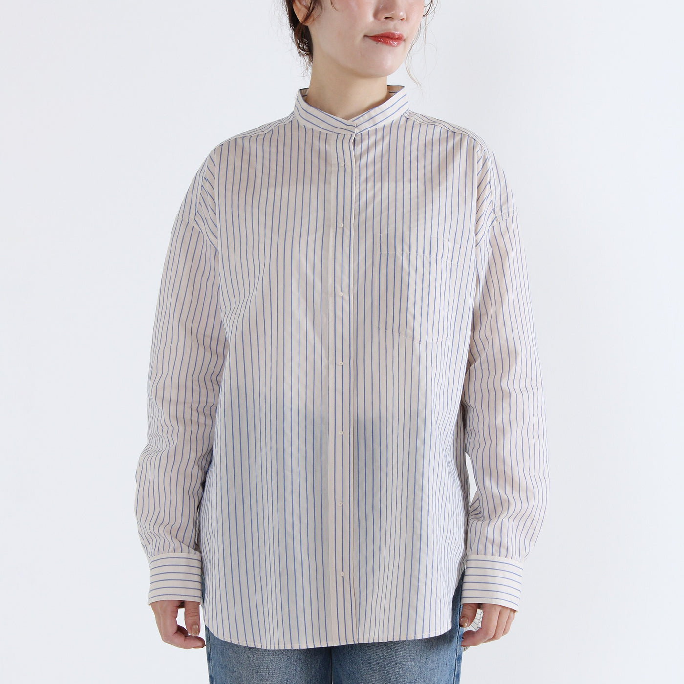 バンドカラー 刺繍釦シャツ 綿ナイロン使用