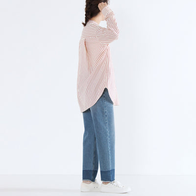 バンドカラー 刺繍釦シャツ 綿ナイロン使用
