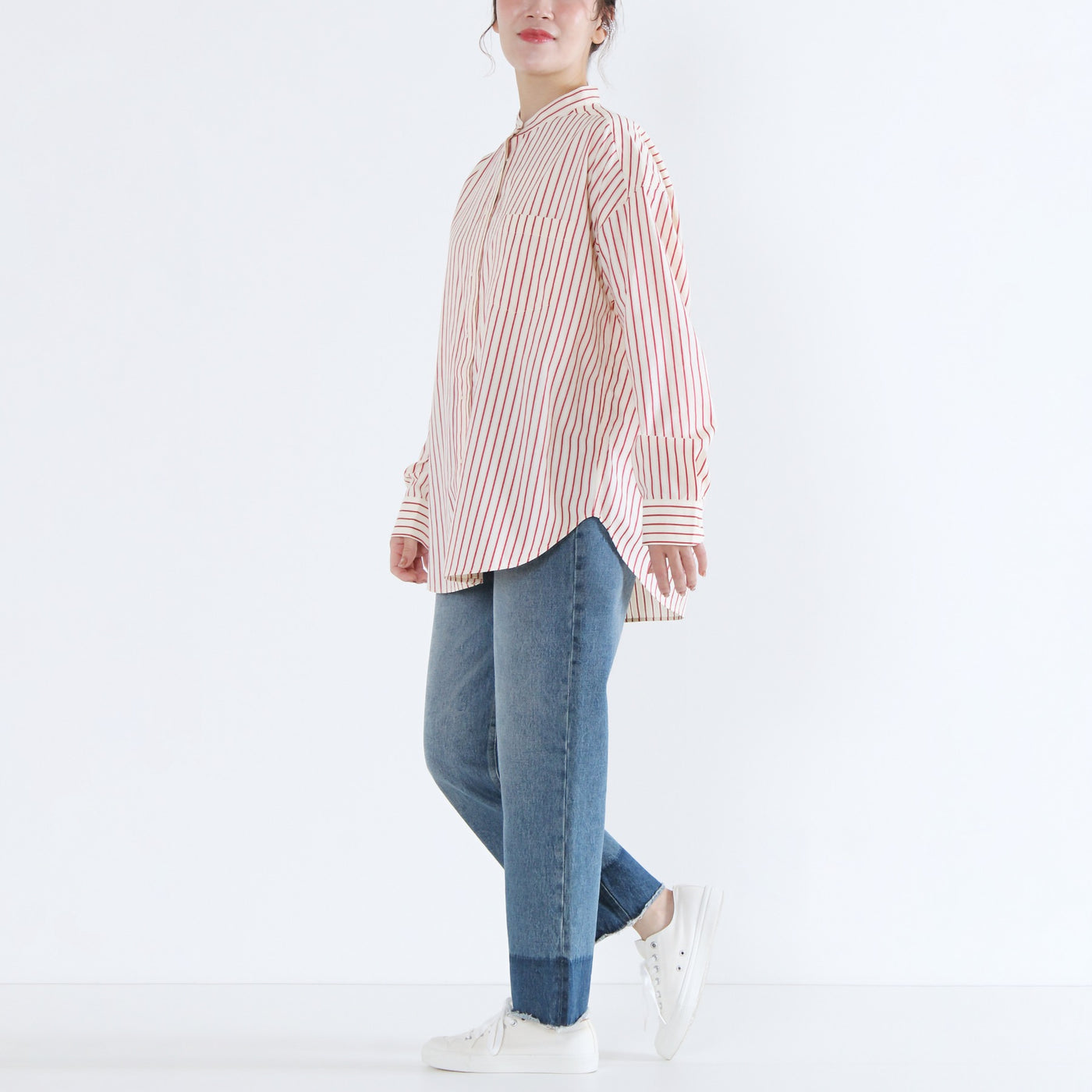 バンドカラー 刺繍釦シャツ 綿ナイロン使用