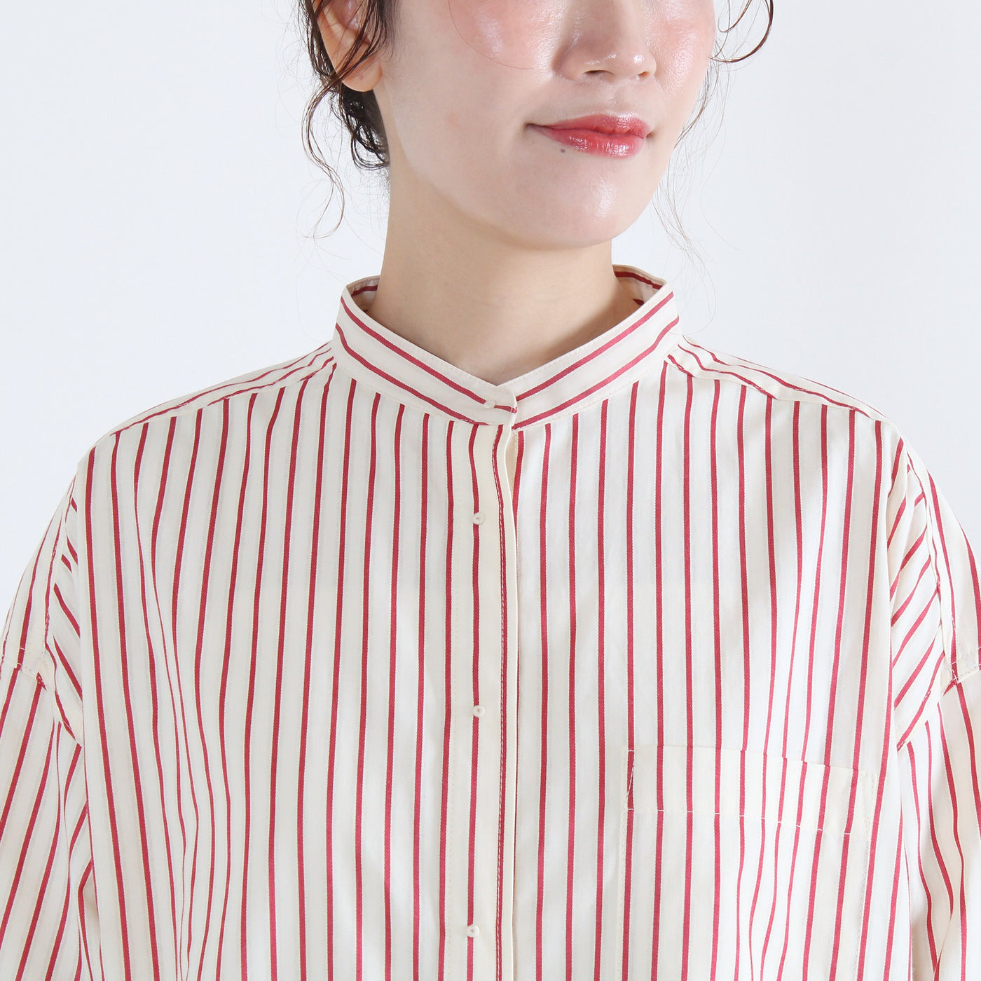 バンドカラー 刺繍釦シャツ 綿ナイロン使用