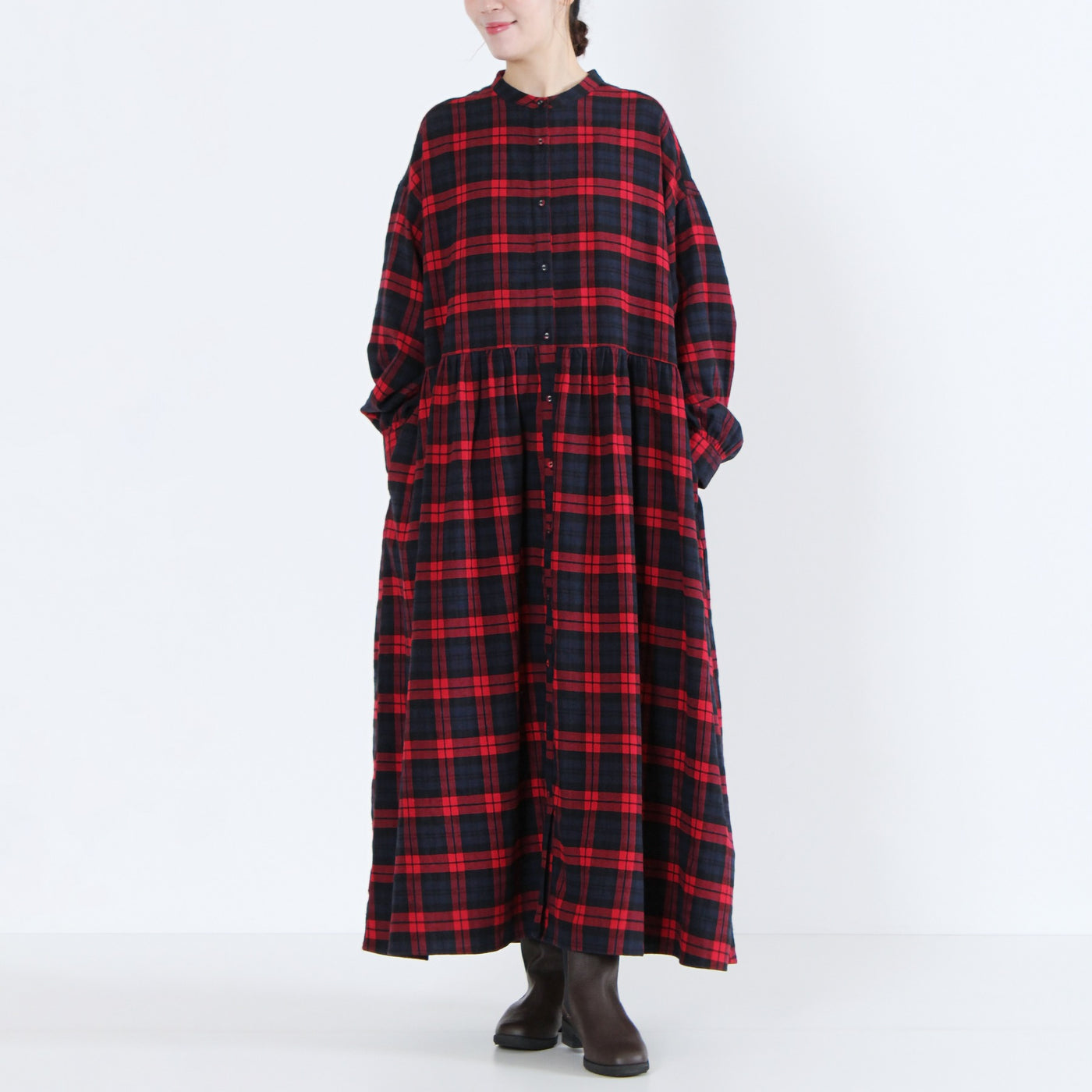 綿100% ギャザーワンピース 起毛チェック使用