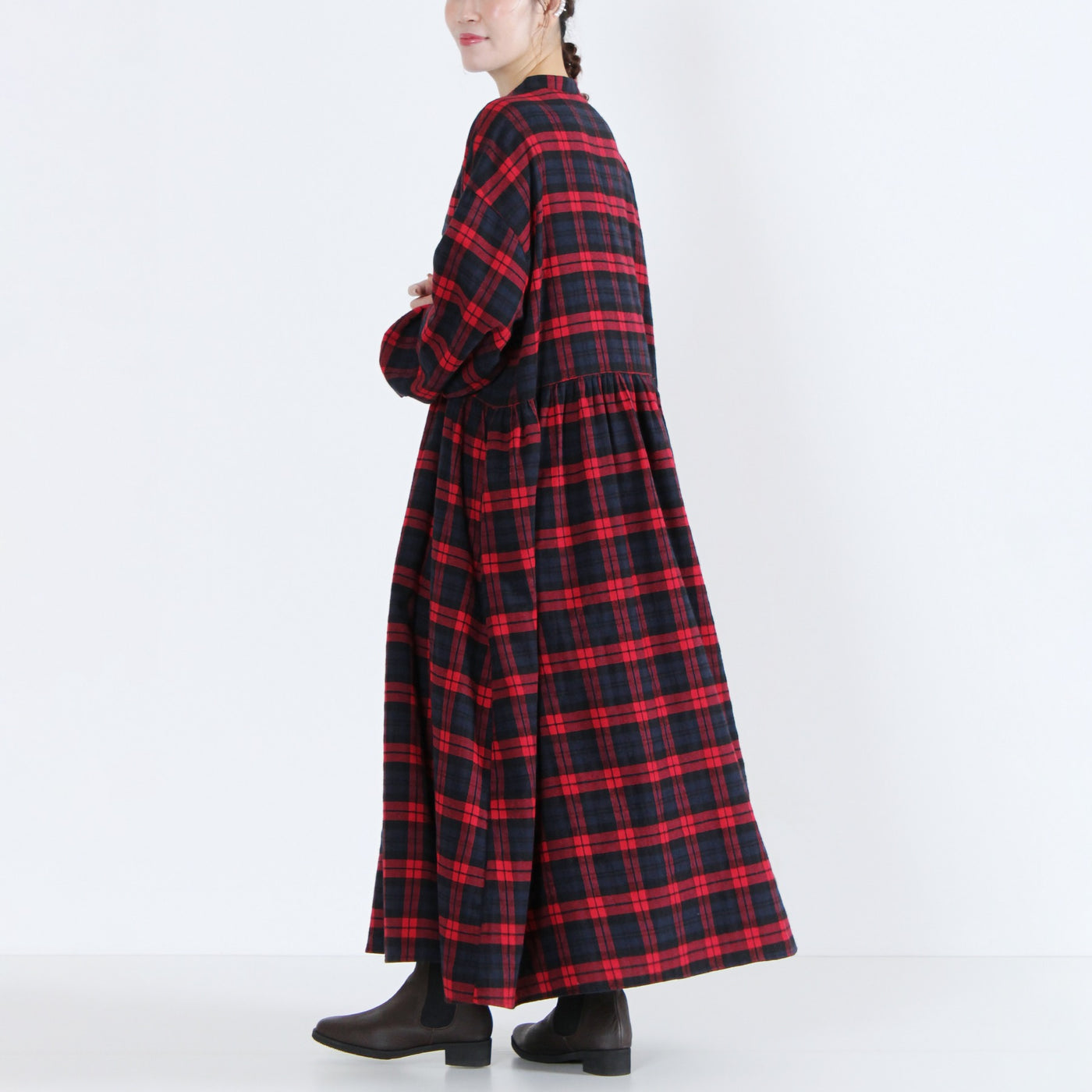 綿100% ギャザーワンピース 起毛チェック使用