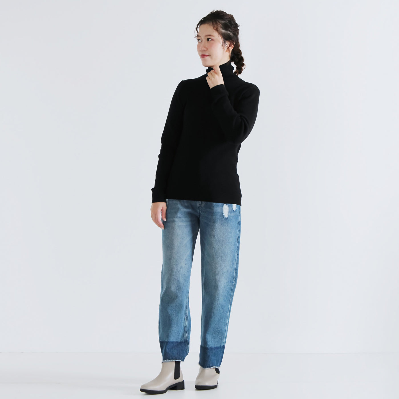 綿カシミヤ混 無地タートルニットプルオーバー