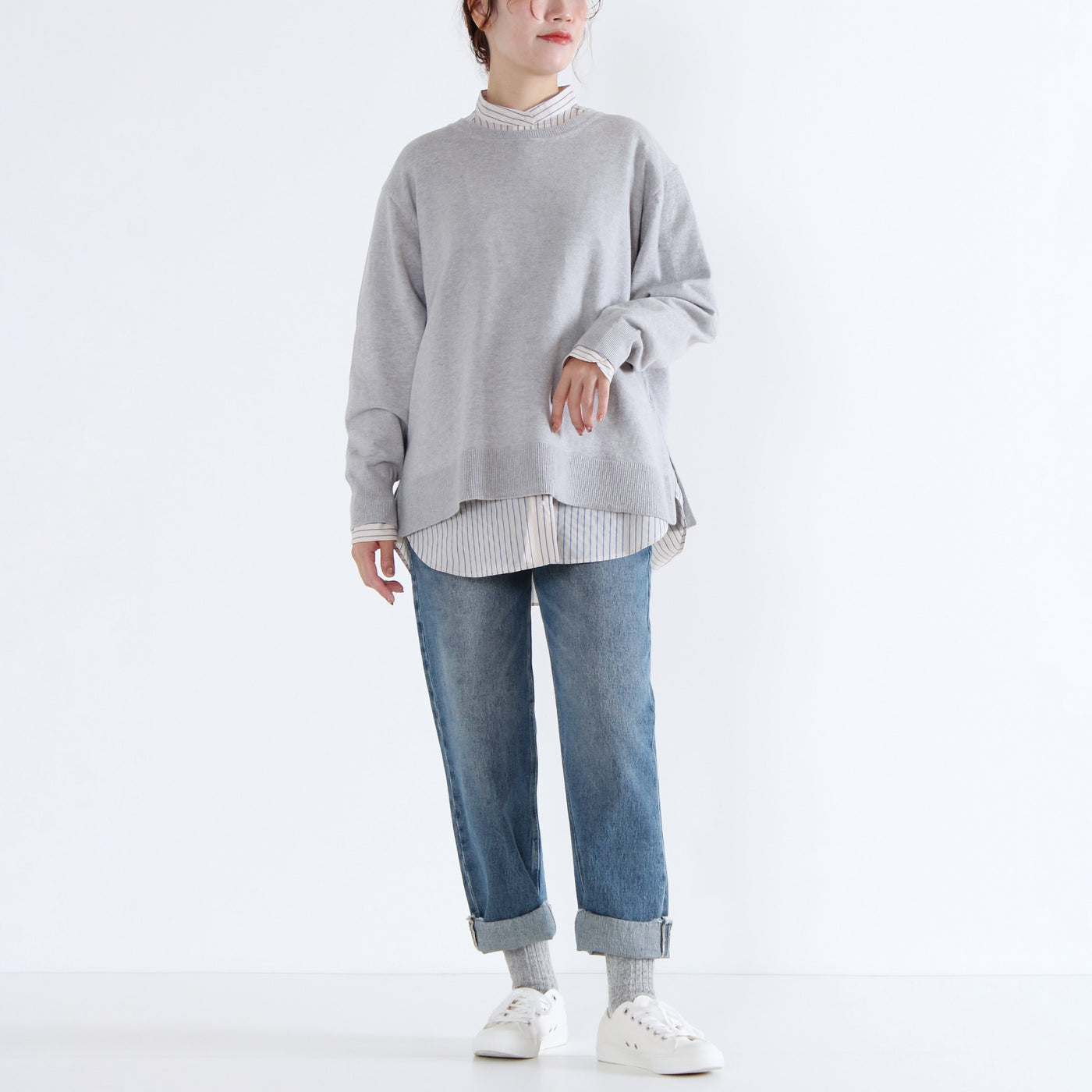 綿カシミヤ混 クルーネックプルオーバー ハイゲージ天竺使用