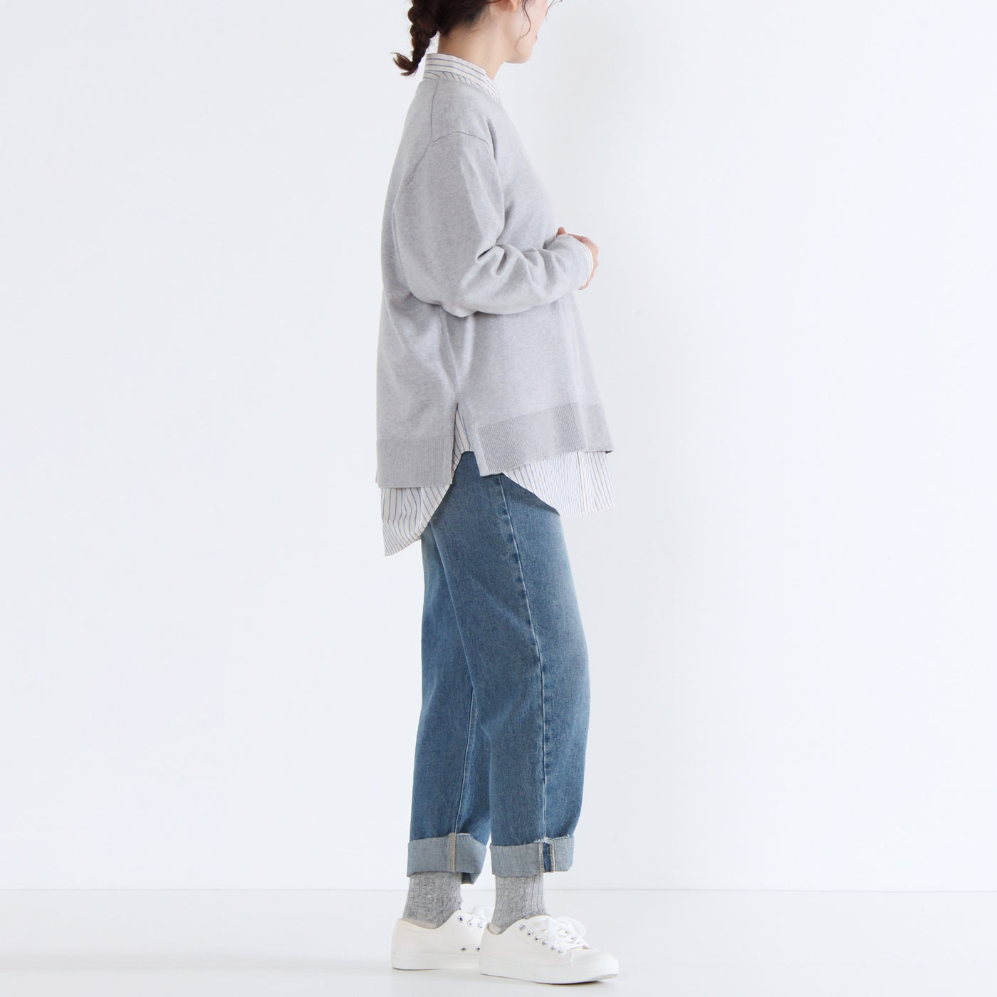 綿カシミヤ混 クルーネックプルオーバー ハイゲージ天竺使用