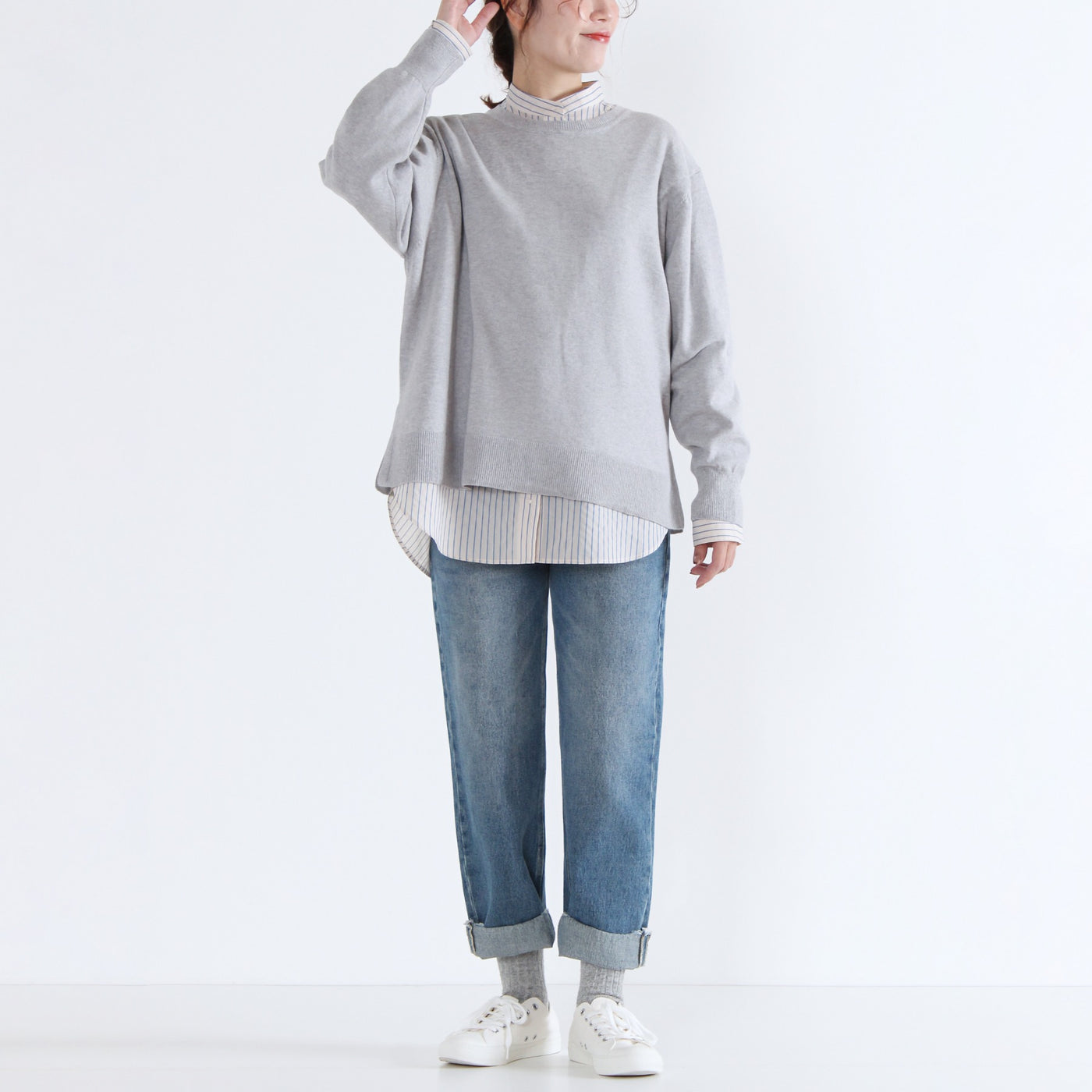 綿カシミヤ混 クルーネックプルオーバー ハイゲージ天竺使用