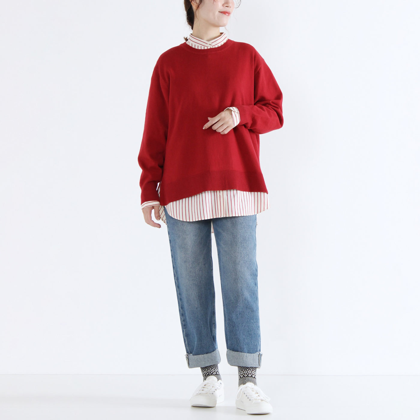 綿カシミヤ混 クルーネックプルオーバー ハイゲージ天竺使用