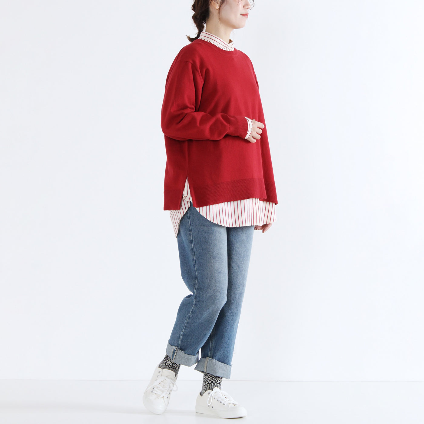 綿カシミヤ混 クルーネックプルオーバー ハイゲージ天竺使用