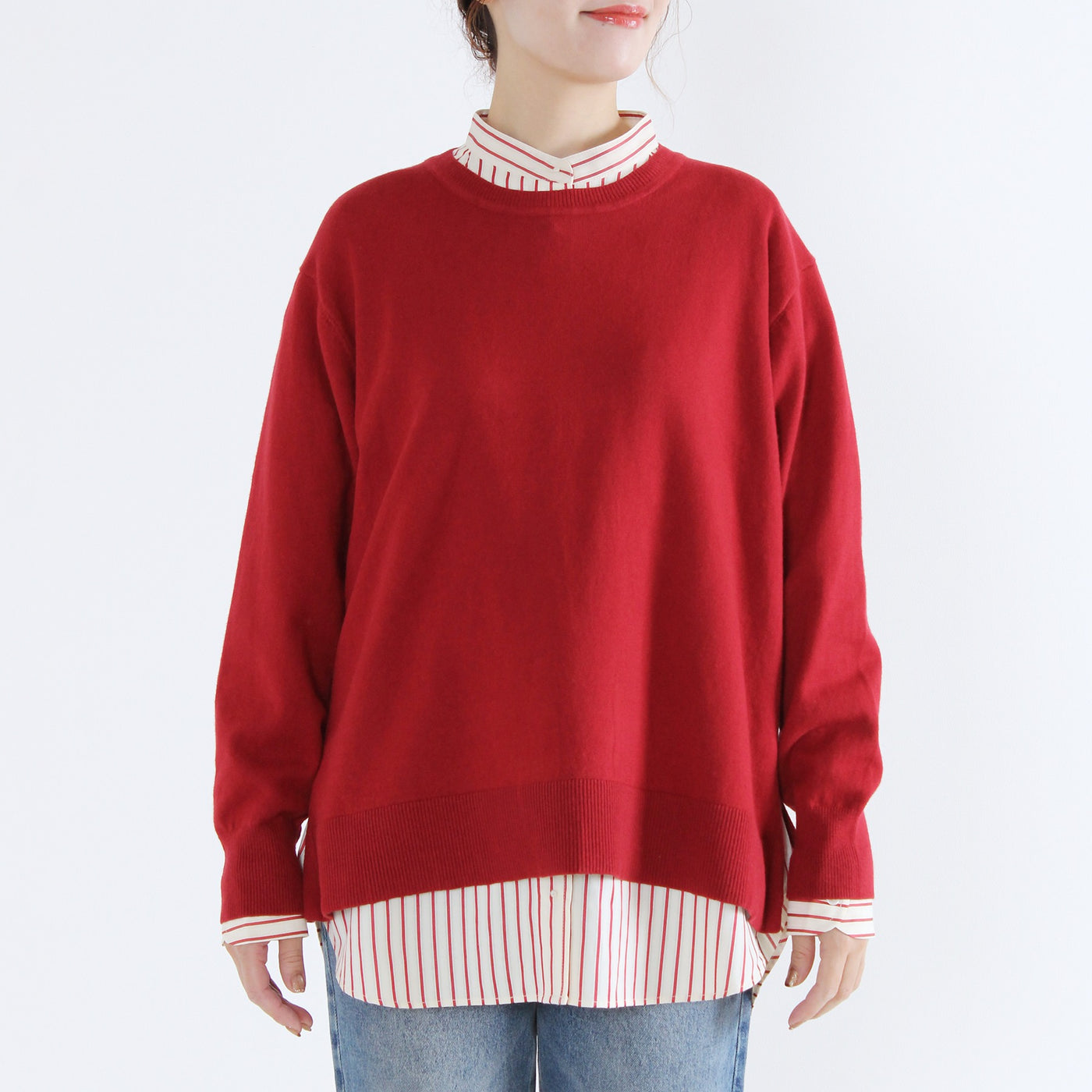 綿カシミヤ混 クルーネックプルオーバー ハイゲージ天竺使用