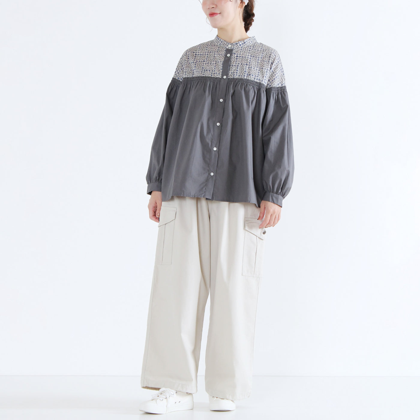 日本製 綿100% LIBERTY ゴムシャーリング切り替えブラウス コットンタナローン使用