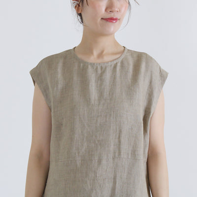 麻100% バック刺繍 ノースリワンピース リネン平織り使用