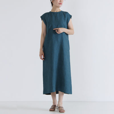麻100% バック刺繍 ノースリワンピース リネン平織り使用