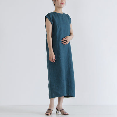 麻100% バック刺繍 ノースリワンピース リネン平織り使用