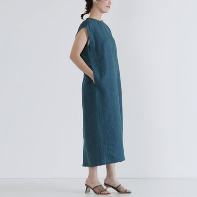 麻100% バック刺繍 ノースリワンピース リネン平織り使用