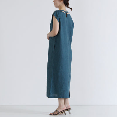 麻100% バック刺繍 ノースリワンピース リネン平織り使用
