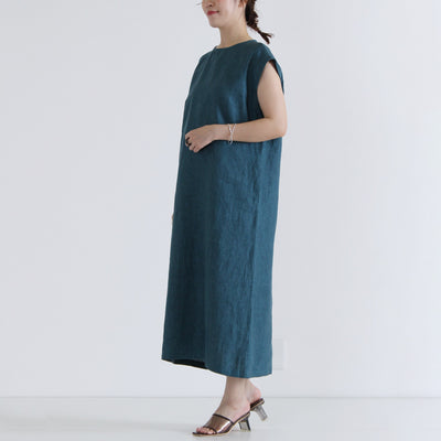 麻100% バック刺繍 ノースリワンピース リネン平織り使用