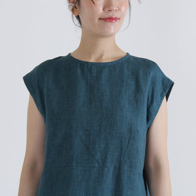 麻100% バック刺繍 ノースリワンピース リネン平織り使用