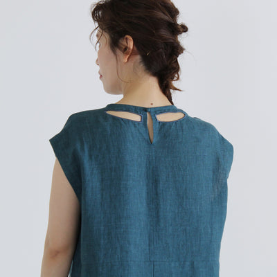 麻100% バック刺繍 ノースリワンピース リネン平織り使用