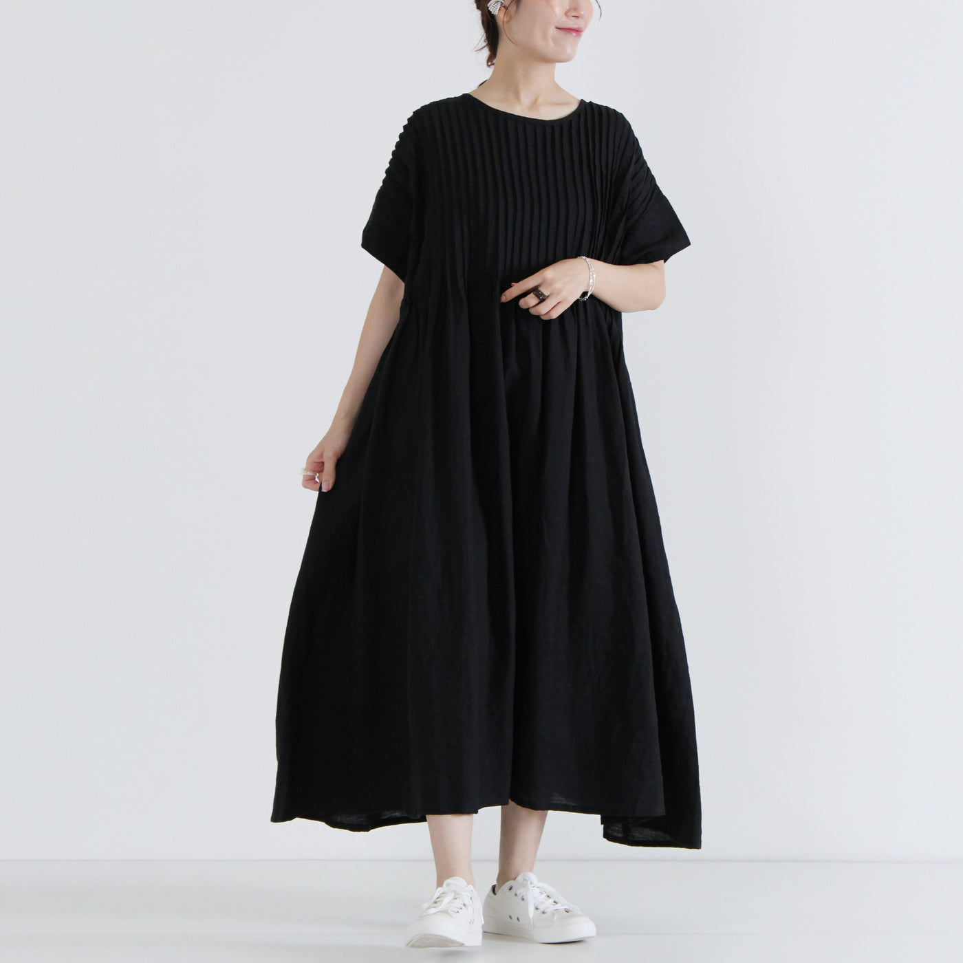 麻100% 前後着ピンタックワンピース 14番手リネン使用