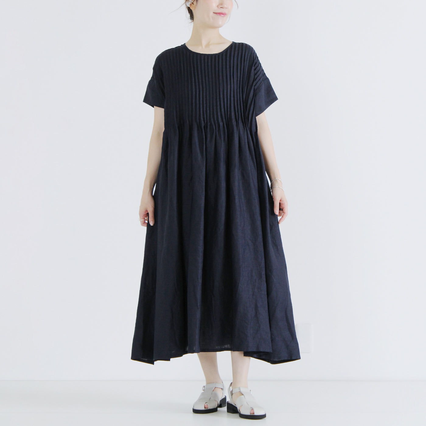 麻100% 前後着ピンタックワンピース 14番手リネン使用