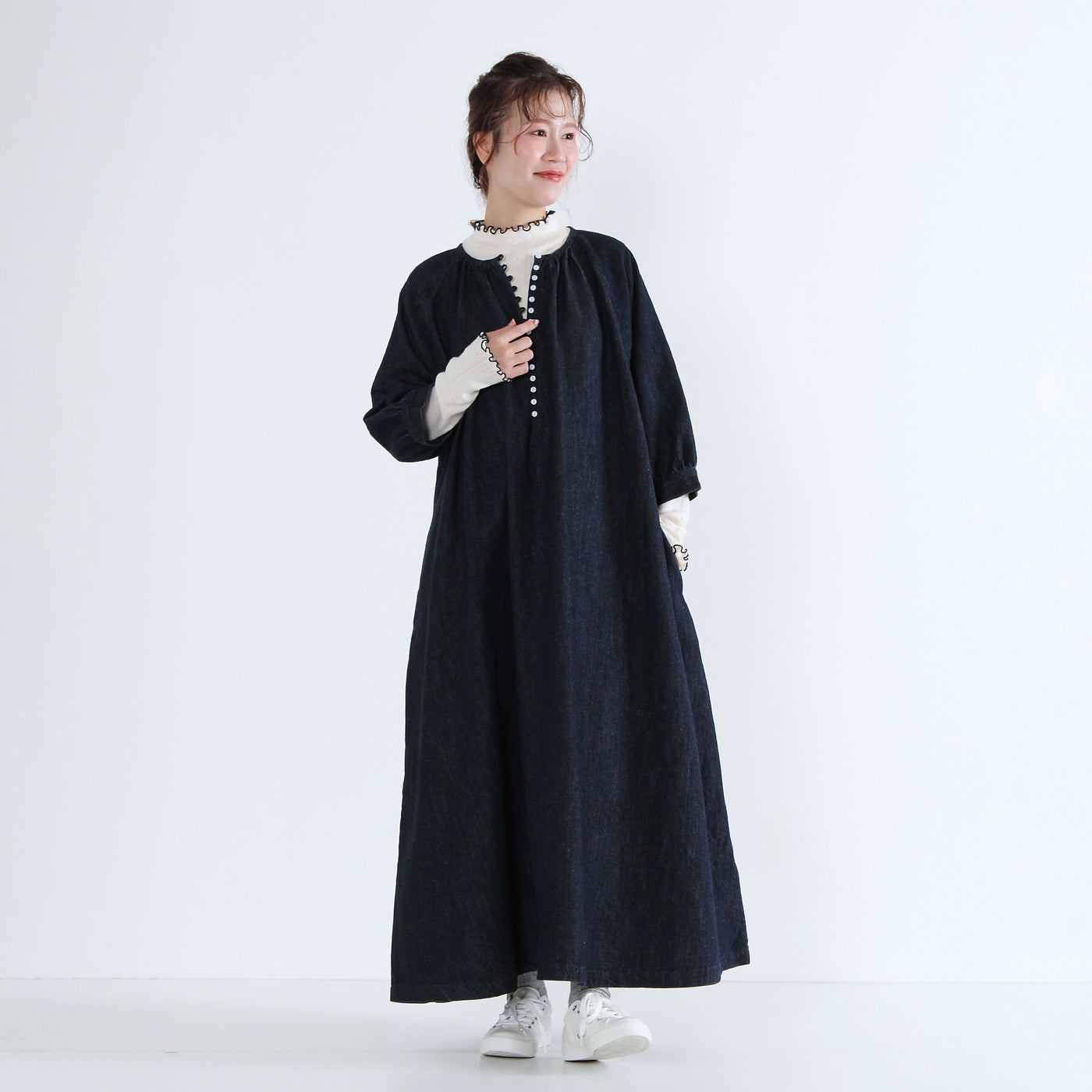綿麻混デニム 多ボタンワンピース リネンコットンデニム使用