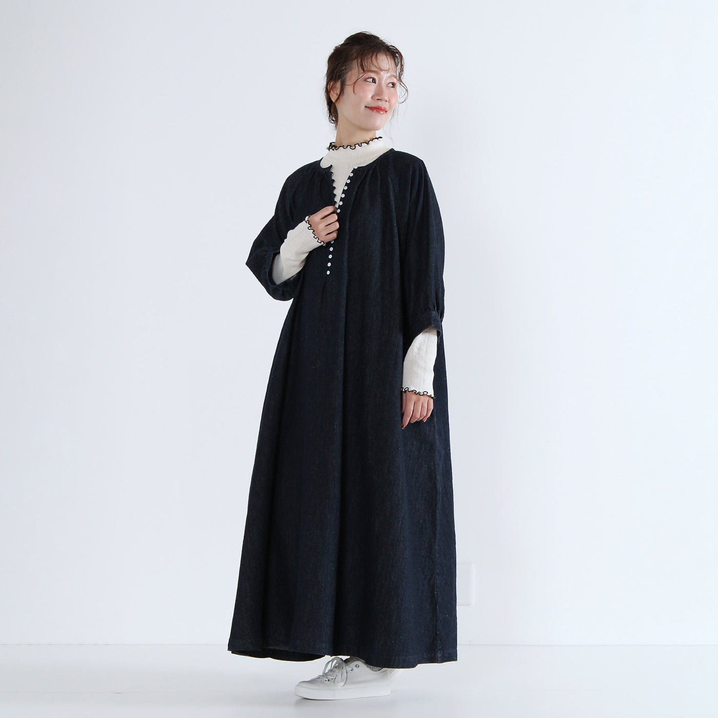 綿麻混デニム 多ボタンワンピース リネンコットンデニム使用